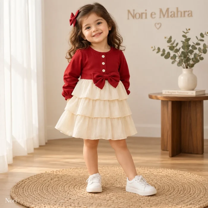 Girls’ Bow-Front Tiered Dress — Burgundy & Ivory