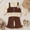 Girls’ Cable-Knit Two-Piece — Cream Top & Brown Ruffle Pants