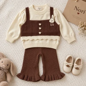 Girls’ Cable-Knit Two-Piece — Cream Top & Brown Ruffle Pants