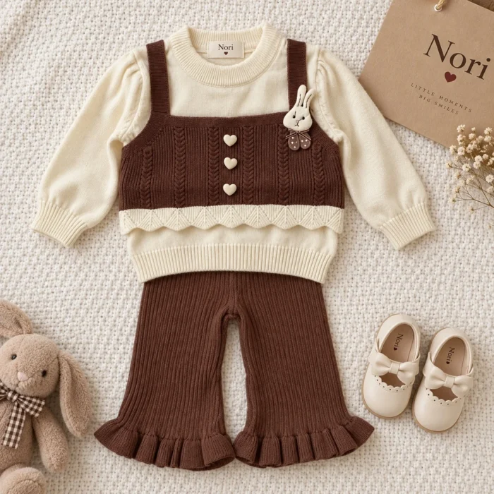 Girls’ Cable-Knit Two-Piece — Cream Top & Brown Ruffle Pants