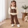 Girls’ Cable-Knit Two-Piece — Cream Top & Brown Ruffle Pants