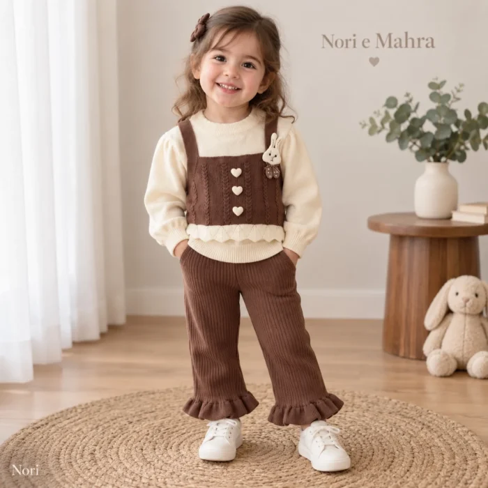 Girls’ Cable-Knit Two-Piece — Cream Top & Brown Ruffle Pants
