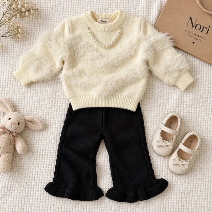 Girls’ Cream Furry Sweater & Black Flare Pants Set