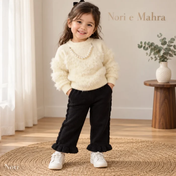 Girls’ Cream Furry Sweater & Black Flare Pants Set