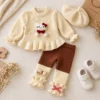 Girls’ Cream Knit Sweater & Brown Ribbed Pants with Cap
