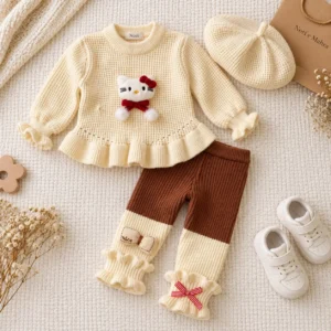 Girls’ Cream Knit Sweater & Brown Ribbed Pants with Cap