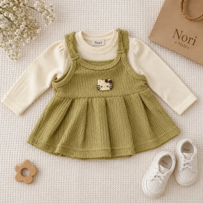 Girls’ Olive Ribbed Pinafore Dress