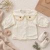 Girls’ Rib-Knit Cardigan Set — Ivory Collared Top & Brown Trousers