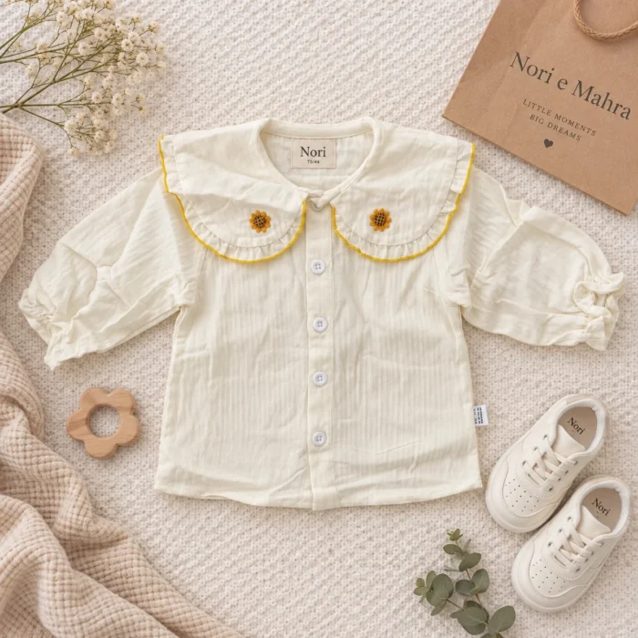 Girls’ Rib-Knit Cardigan Set — Ivory Collared Top & Brown Trousers
