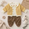 Girls’ Rib-Knit Cardigan Set — Ivory Collared Top & Brown Trousers