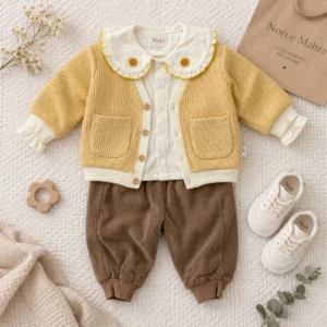 Girls’ Rib-Knit Cardigan Set — Ivory Collared Top & Brown Trousers