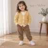 Girls’ Rib-Knit Cardigan Set — Ivory Collared Top & Brown Trousers