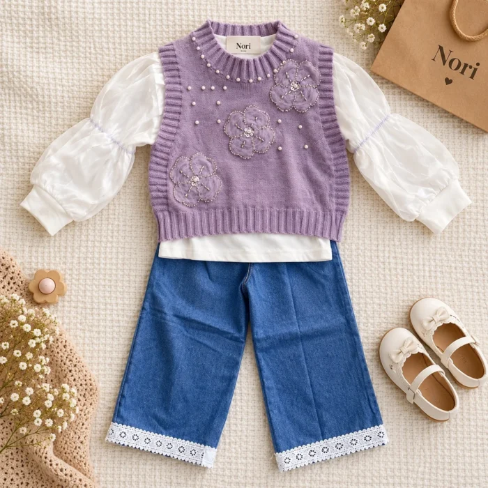 Girls’ Pearl-Flower Knit Vest Set — White Blouse & Blue Lace-Trim Jeans