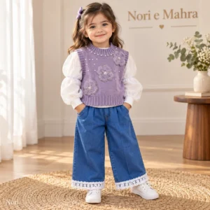 Girls’ Pearl-Flower Knit Vest Set — White Blouse & Blue Lace-Trim Jeans