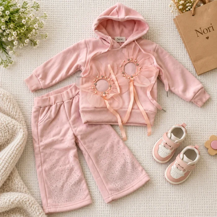 Girls’ Floral-Embellished Hoodie & Wide-Leg Pants Set