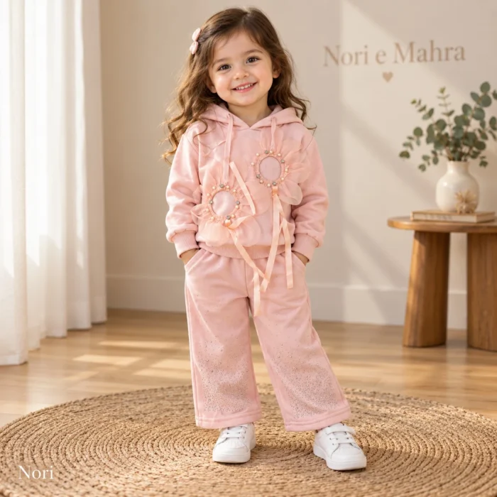 Girls’ Floral-Embellished Hoodie & Wide-Leg Pants Set