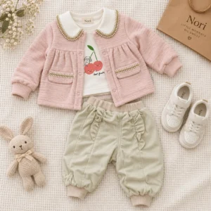 Girls’ Pearl-Trim Collar 3-Piece Suit — Cherry Top & Ruffle Trousers