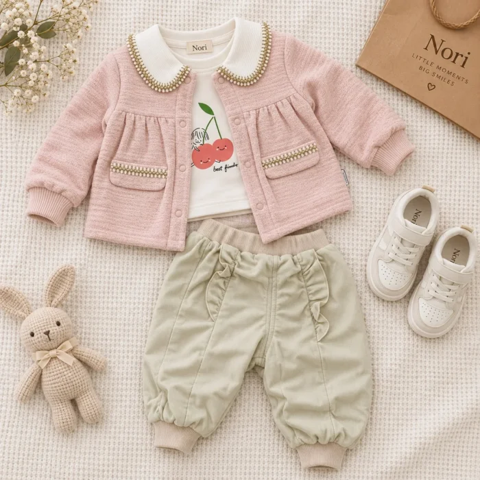 Girls’ Pearl-Trim Collar 3-Piece Suit — Cherry Top & Ruffle Trousers
