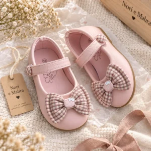 girls-pink-plaid-bow-mary-jane-shoes-lifestyle Girls’ Plaid Bow Mary Jane Shoes — Pink, Beige & Cream