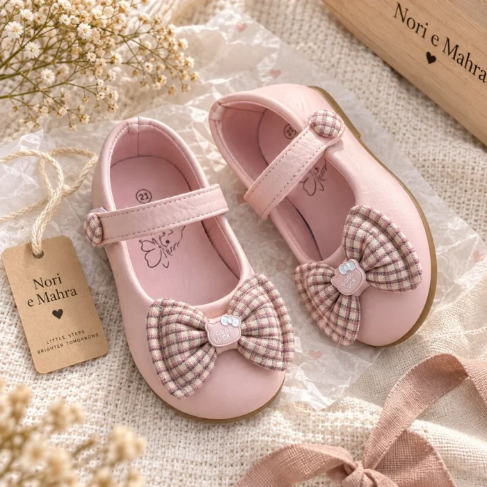 Girls’ Plaid Bow Mary Jane Shoes — Pink, Beige & Cream