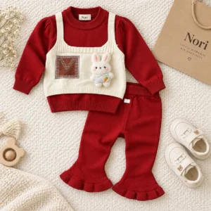 Girls’ Rabbit Appliqué Knit Top & Ruffle Pants Set