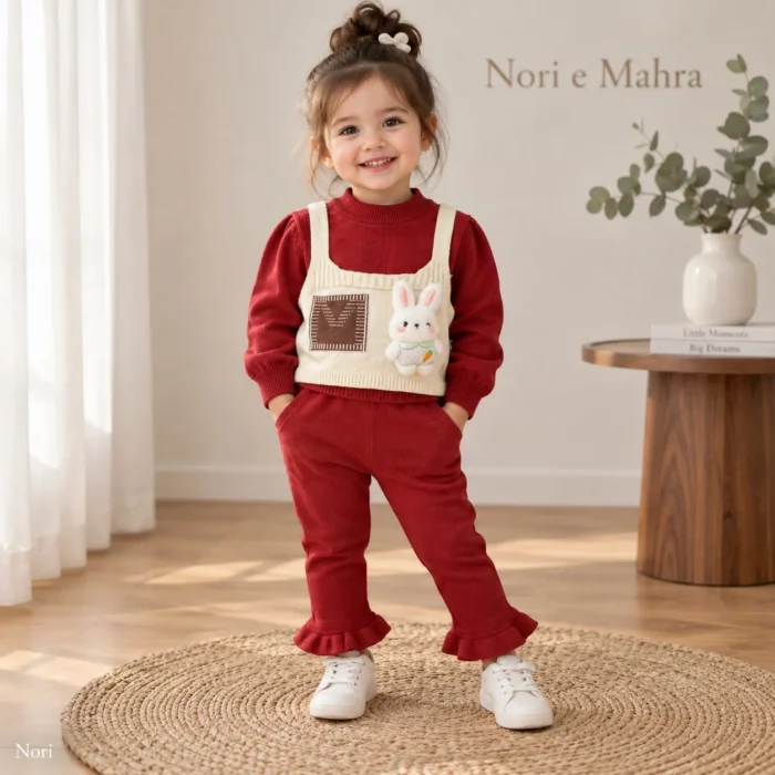 Girls’ Rabbit Appliqué Knit Top & Ruffle Pants Set