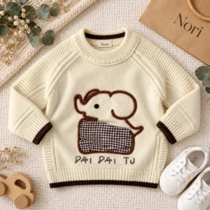 boys-ivory-elephant-knit-sweater-flatlay Boys’ Elephant Appliqué Knitted Sweater | Cream, Mustard