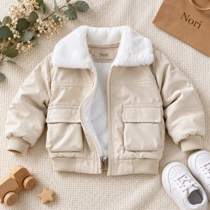 Boys’  Girls Faux-Leather Fur-Collar Bomber Jacket | Fleece inner | Pink-Cream