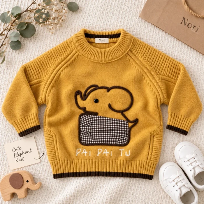 Boys’ Elephant Appliqué Knitted Sweater | Cream, Mustard