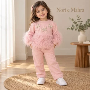 girls-blush-pink-butterfly-feather-2pc-set-model Girls’ Butterfly Feather 2-Piece Set — Blush Pink