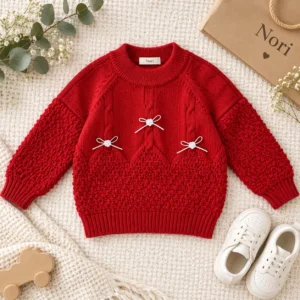 Girls’ Cherry-Red Bow-Detail Knit Sweater