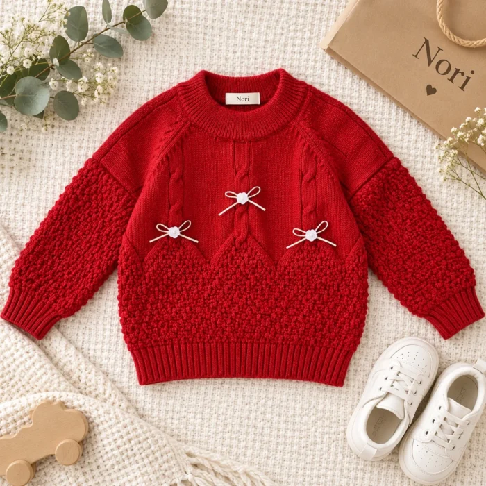 Girls’ Cherry-Red Bow-Detail Knit Sweater