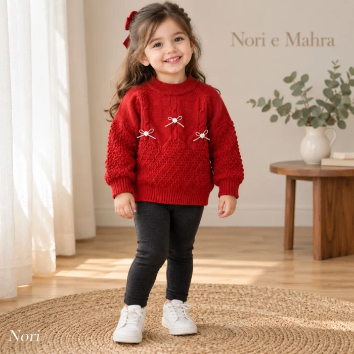 Girls’ Cherry-Red Bow-Detail Knit Sweater