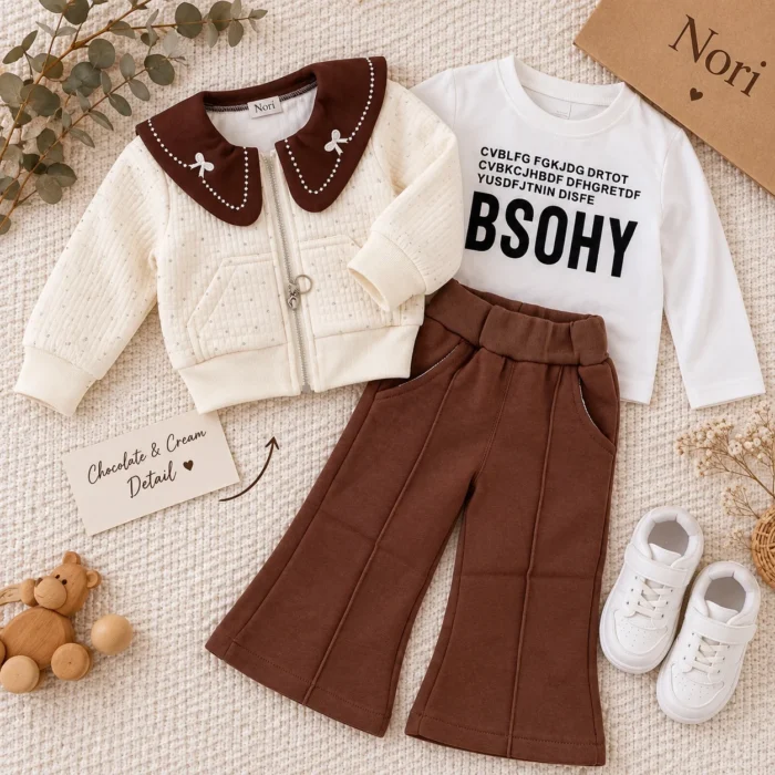 Girls’ Chocolate-Collar Quilted Jacket Set | T-Shirt + Trousers