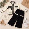Girls’ Contrast-Trim Knit Cardigan Set — Wide-Leg Pants