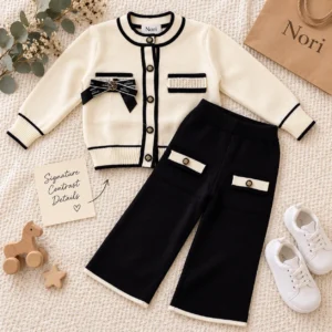 Girls’ Contrast-Trim Knit Cardigan Set — Wide-Leg Pants
