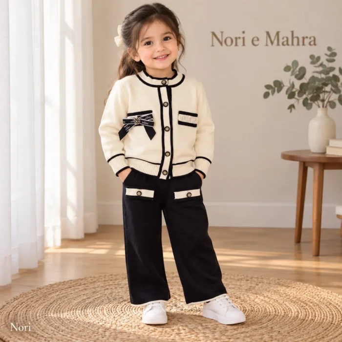 Girls’ Contrast-Trim Knit Cardigan Set — Wide-Leg Pants