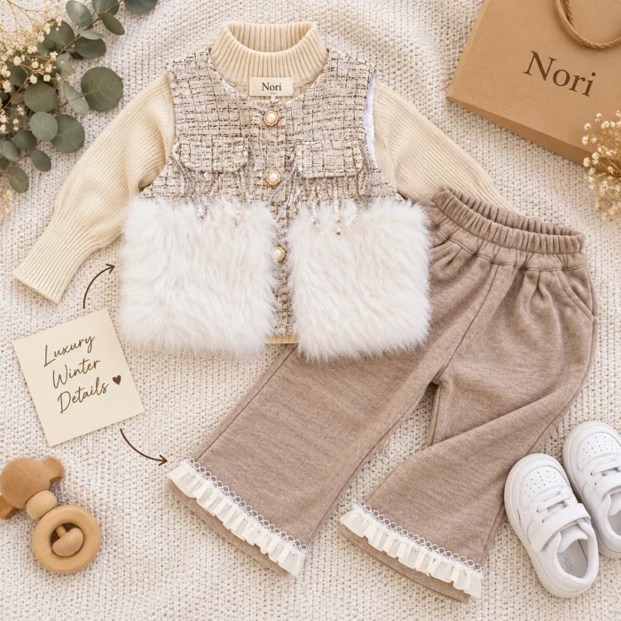 Girls’ Tweed Faux-Fur 3-Piece Winter Set — Sweater & Trouser