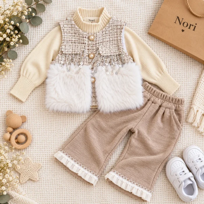 Girls’ Tweed Faux-Fur 3-Piece Winter Set — Sweater & Trouser