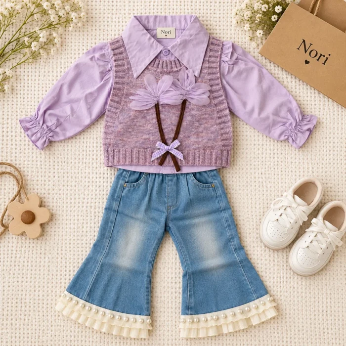 Girls’ Lavender Flower Vest & Pearl-Trim Denim Set