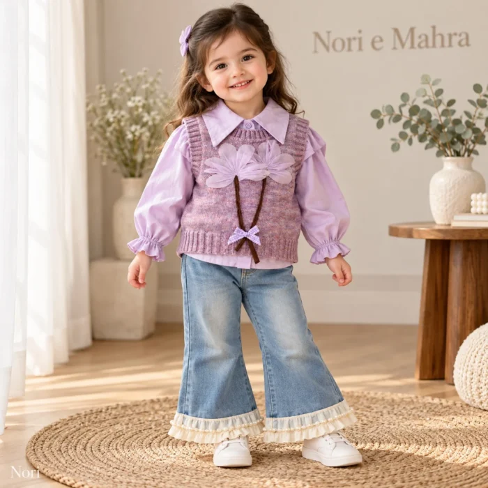 Girls’ Lavender Flower Vest & Pearl-Trim Denim Set