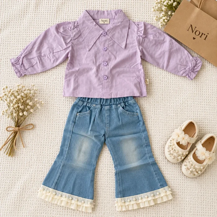 Girls’ Lavender Flower Vest & Pearl-Trim Denim Set