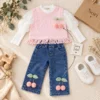 Girls’ Cherry Knit Vest Set — White Ribbed Top & Blue Denim Pants