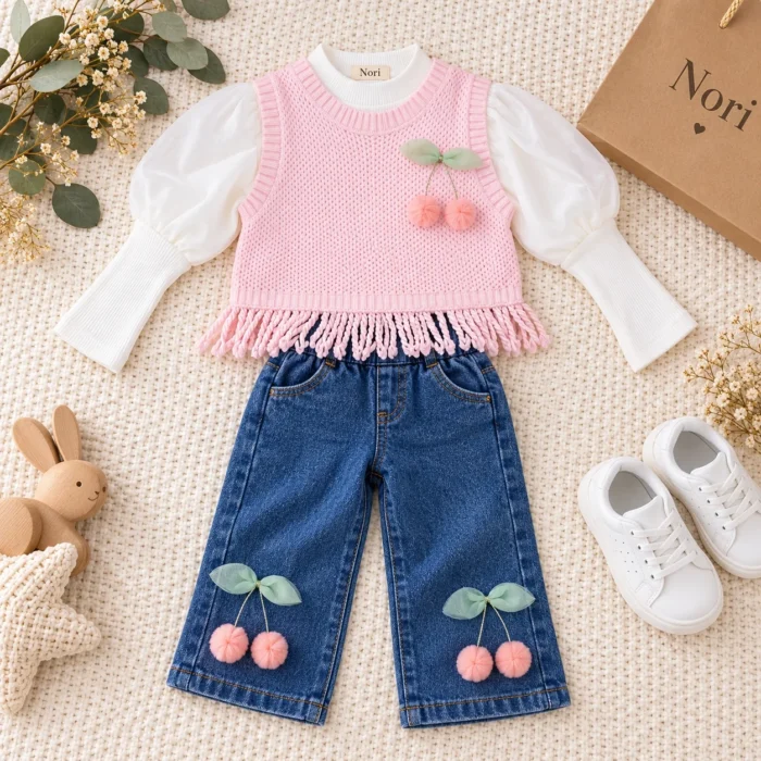 Girls’ Cherry Knit Vest Set — White Ribbed Top & Blue Denim Pants