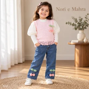Girls’ Cherry Knit Vest Set — White Ribbed Top & Blue Denim Pants