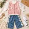 Girls’ Floral Knit Vest with Denim Trousers | Pink & Yellow