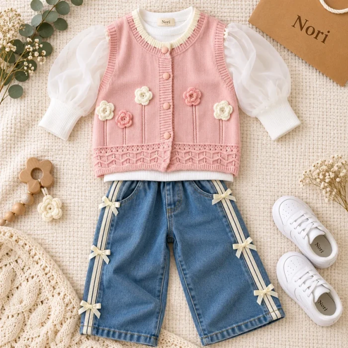 Girls’ Floral Knit Vest with Denim Trousers | Pink & Yellow