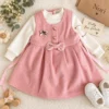 Girls’ Pink Bow-Detail Dress — Cream Ribbed Top