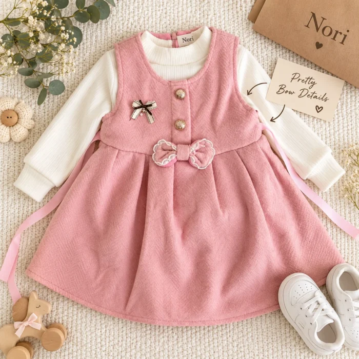 Girls’ Pink Bow-Detail Dress — Cream Ribbed Top