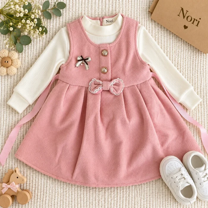 Girls’ Pink Bow-Detail Dress — Cream Ribbed Top